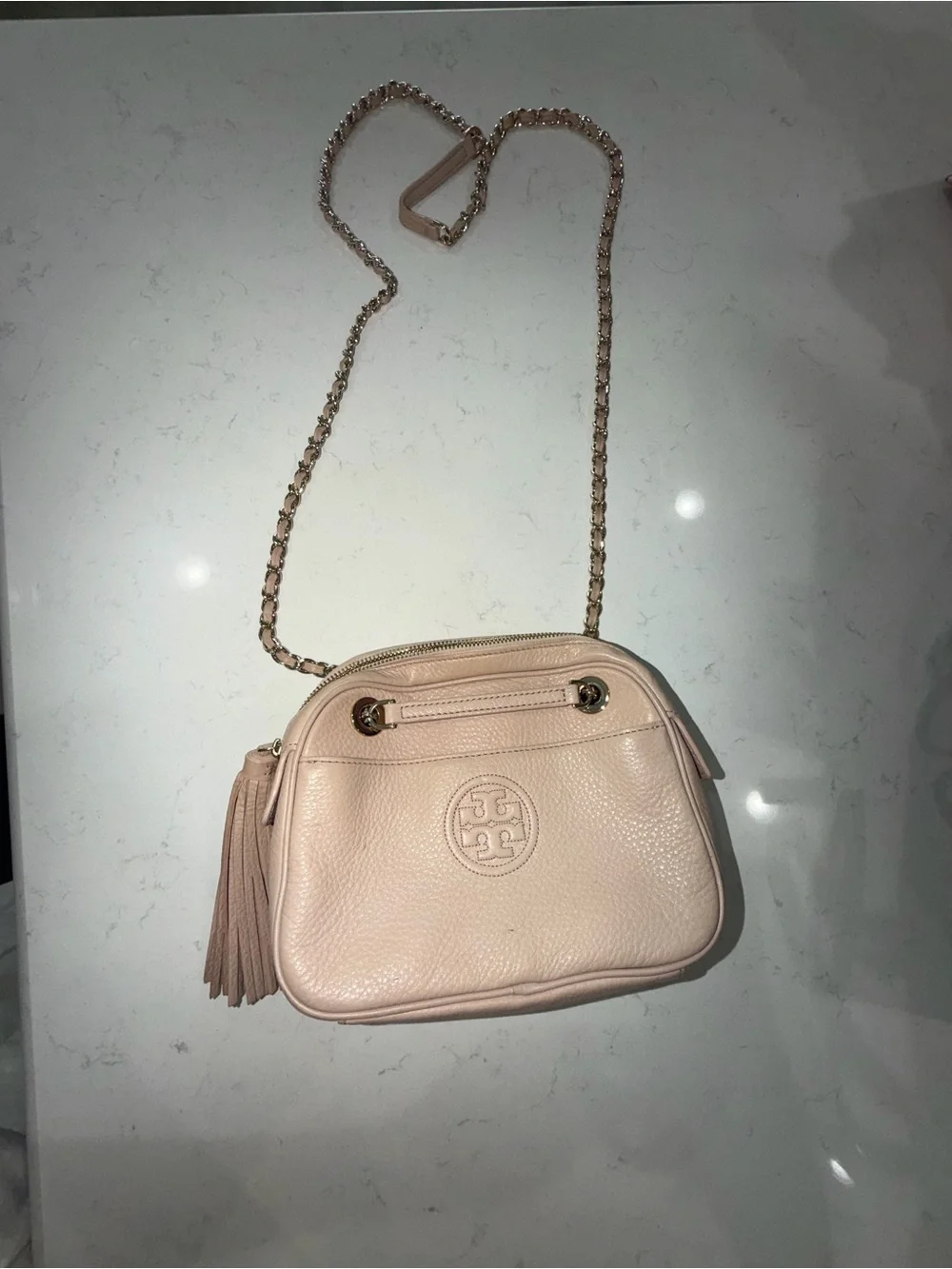 Tory Burch Blush Pebble Leather Chain Crossbody with Tassel